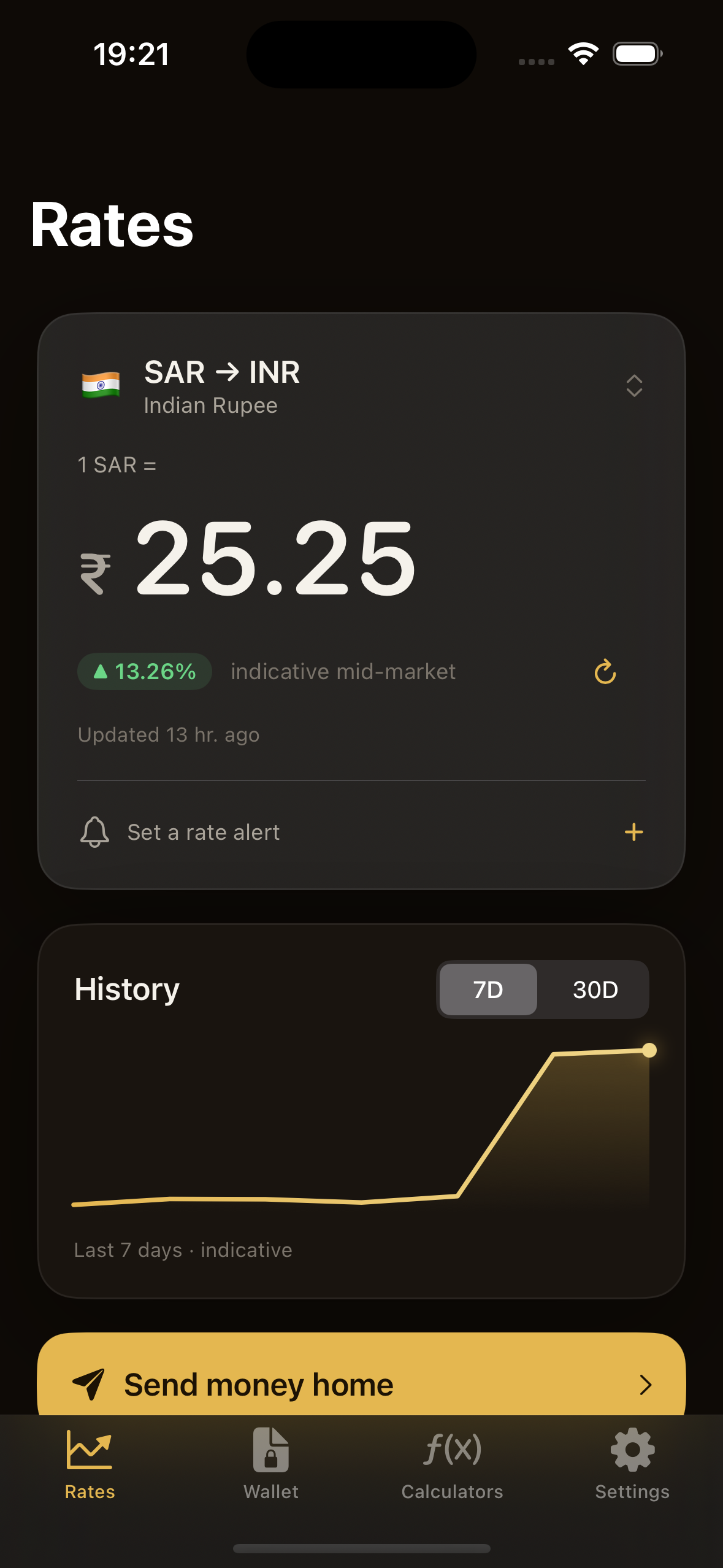 Riyala app showing the live SAR to INR rate, a 7-day history, and a Send money button.